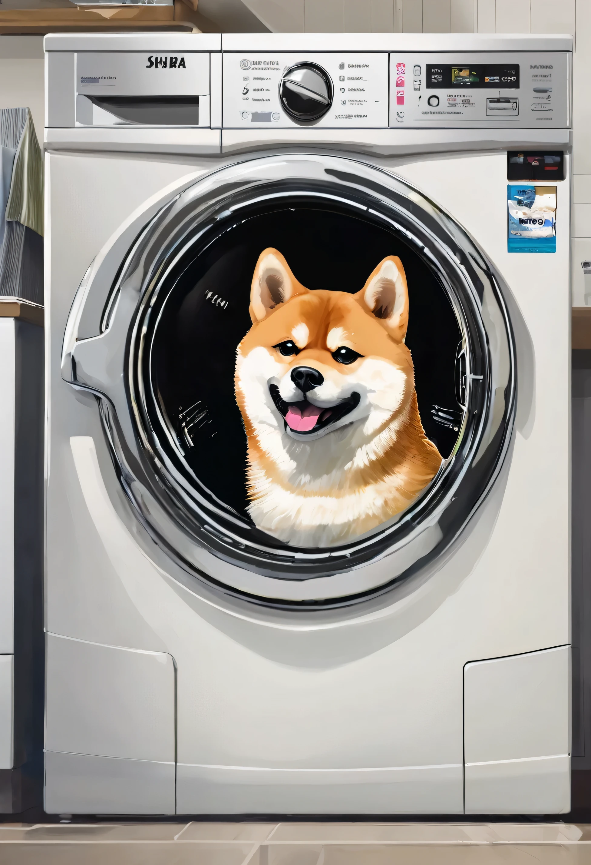shiba in a washing machine