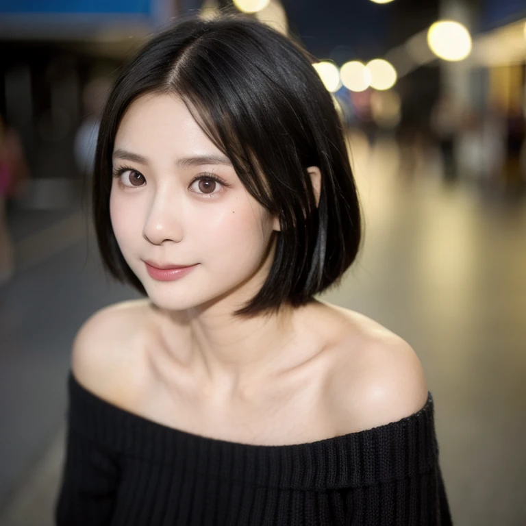 (kawaii 24 year-old Japanese girl, Nogizaka idol, Korean idol), (glossy black hair, pixie cut:1.3), (rounded face, single eyelid, no makeup, soft smiling:1.2), forehead, (wearing off-shoulder knitted onepiece sweater:1.3), (well shaped extra small breasts), (looking at viewer:1.2), BREAK, (at night street in downtown background:1.3), (dynamic angle, face focus:1.3), BREAK, (masterpiece, best quality, photo realistic, official art:1.4), (UHD, 8K quality wallpaper, high resolution, raw photo, film grain:1.2), (shiny skin), professional lighting, physically based rendering, award winning, (perfect anatomy, highly detailed skin textures, extremely detailed face and eyes, well drawn glittering pupils), Carl Zeiss 85 mm F/1.4, depth of field, 1girl, solo,