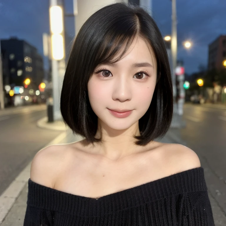 (kawaii 24 year-old Japanese girl, Nogizaka idol, Korean idol), (glossy black hair, pixie cut:1.3), (rounded face, single eyelid, no makeup, soft smiling:1.2), forehead, (wearing off-shoulder knitted onepiece sweater:1.3), (well shaped extra small breasts), (looking at viewer:1.2), BREAK, (at night street in downtown background:1.3), (dynamic angle, face focus:1.3), BREAK, (masterpiece, best quality, photo realistic, official art:1.4), (UHD, 8K quality wallpaper, high resolution, raw photo, film grain:1.2), (shiny skin), professional lighting, physically based rendering, award winning, (perfect anatomy, highly detailed skin textures, extremely detailed face and eyes, well drawn glittering pupils), Carl Zeiss 85 mm F/1.4, depth of field, 1girl, solo,