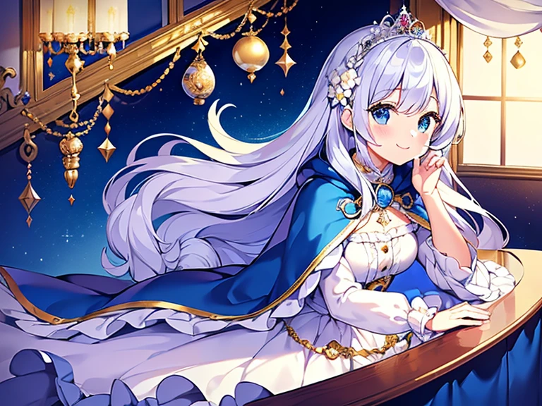 (kawaii),(masterpiece),(best quality),(ultra detailed), upper body, rococo style,(long train deep blue cape:1.1), very long cape,(long train white ball gown with flower decorations:1.05), a girl is wearing a cape over her gown, 1 princess, tiara, smile, very long hair