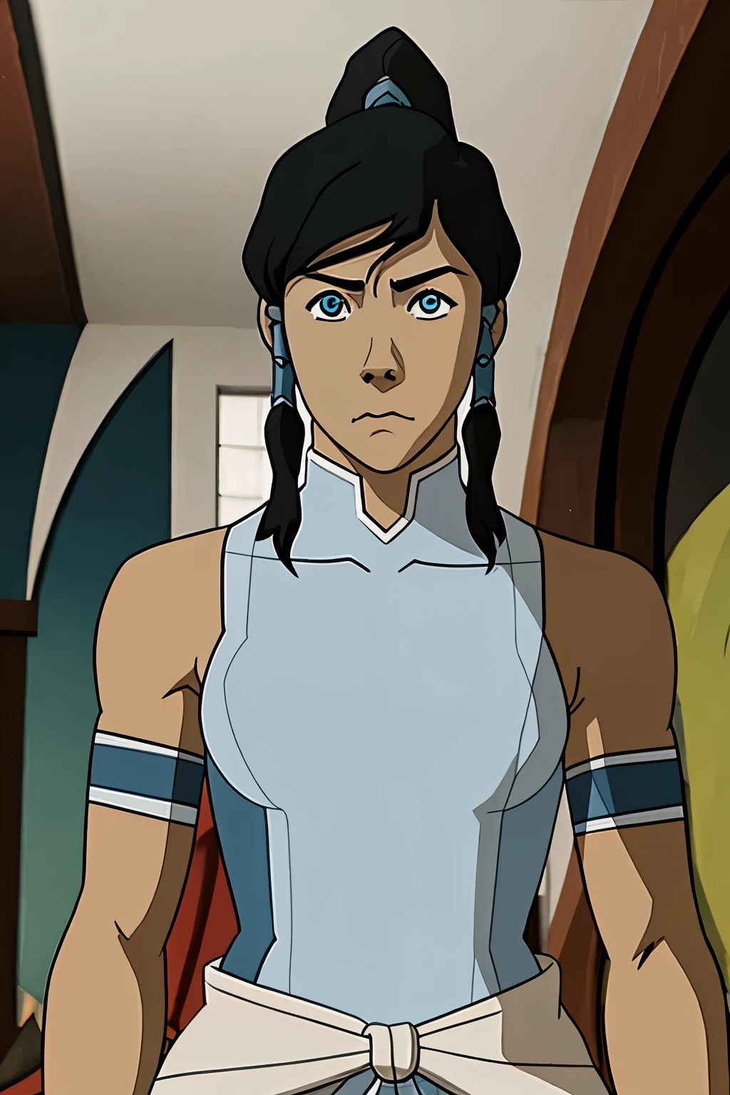 [obra de arte, Melhor qualidade, olhando para o espectador, realista, personagem korra olhos azuis, cabelo de cavalo