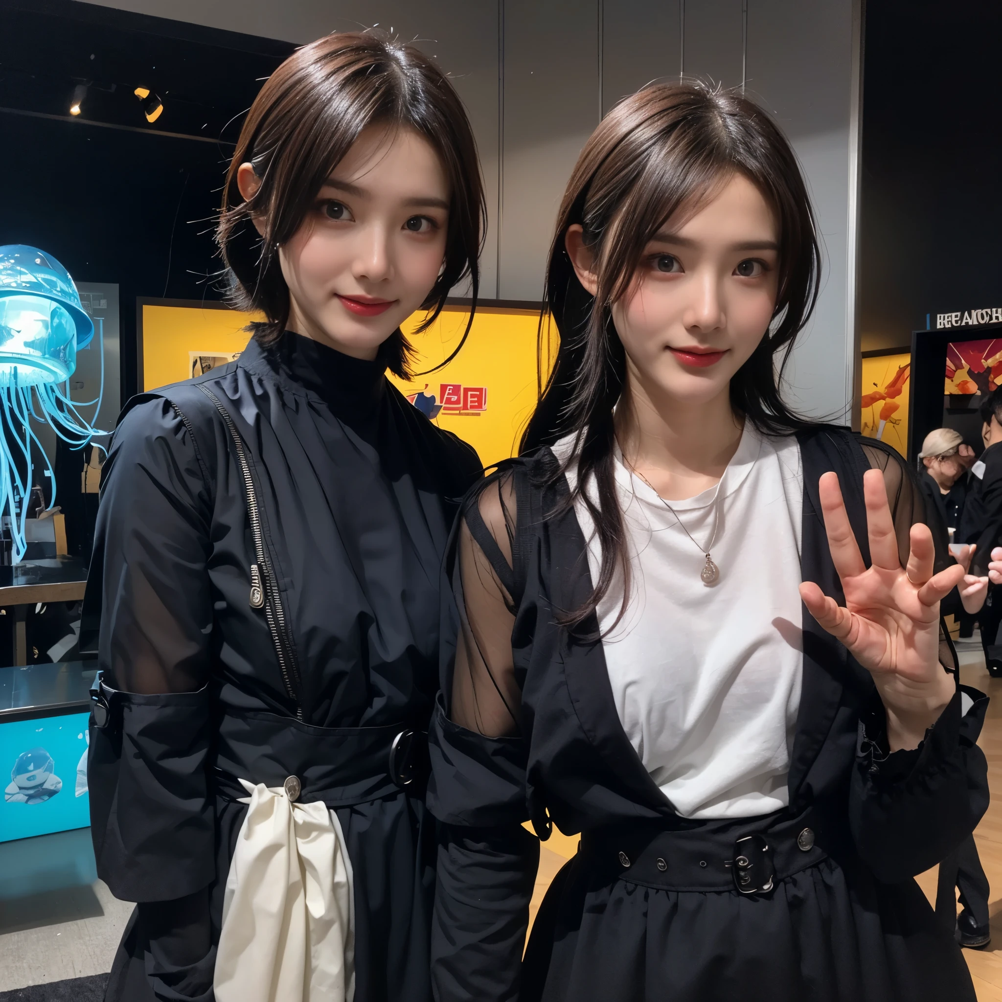 Two women in black and white outfits posing for a picture - SeaArt AI