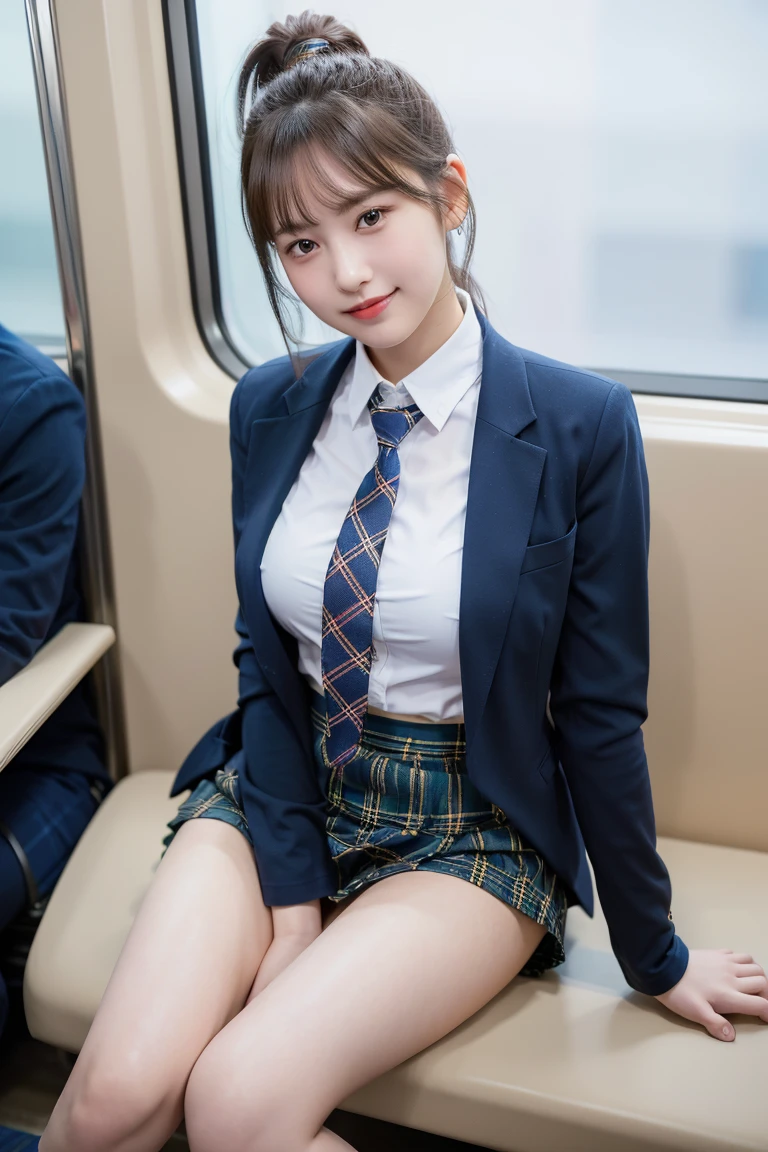 (8K), (highest quality: 1.2), (realistic), (realistic: 1.37), ultra high resolution, 1 girl, cute, smile, closed mouth, beautiful details, beautiful nose, beautiful hair, ponytail,giant dulcefo, pork, thighs,self snap,University Student Uniform,Sitting on a train in Tokyo,simple blazer,pleated skirt,(The pattern of the skirt and tie is a tartan check pattern...:1.3), From above,(thighsにクローズアップ),(光沢のあるthighs),(Opaque blue knee-high socks:1.2)