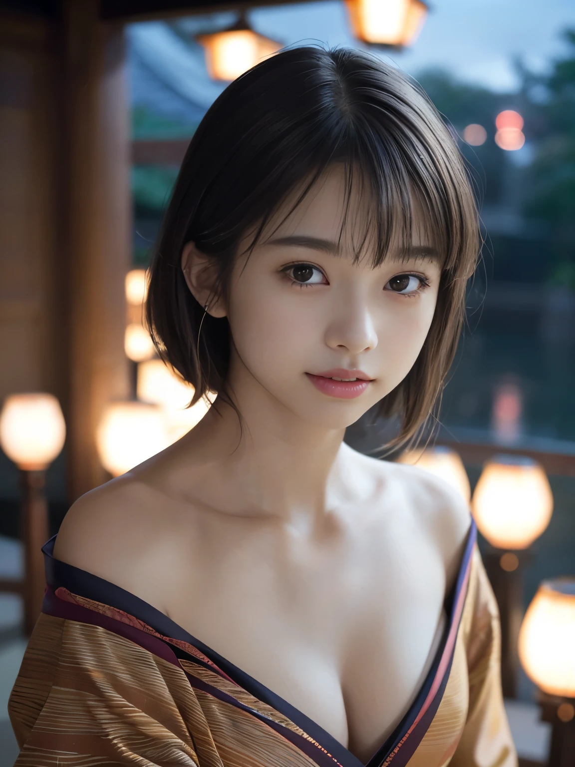 best quality, masterpiece, (realistic:1.2), (face and body straight at the camera;1.3), upper body, 1girl, ************, (silhouette lighting:1.3), grin, light brown bobcut hair with bangs, (without makeup:1.5), wearing kimono, cleavage, detailed face, amber eyes, beautiful eyes, japanese shrine in the night, wind is blowing hair