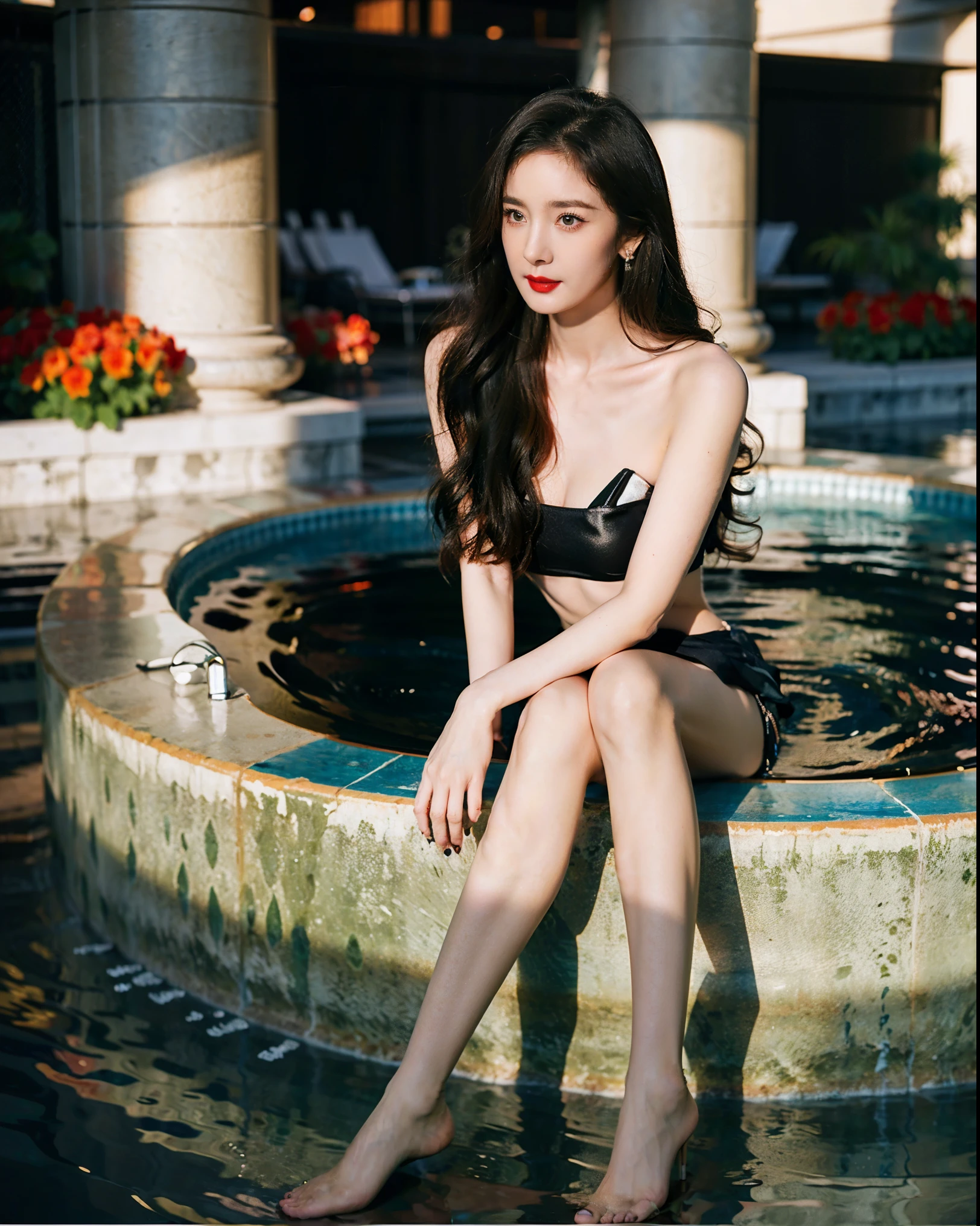 1 girl, full-body shot, （Luxury swimming pool），alone, long_hair, Predominant_Body,   long hair, bright eyes, Mysterious expression, mature appearance, 纤细的Body, （Red bikini,Showing huge breasts）Show belly button， Giant breast symbol,cute accent, long black hair ，Black high heel sandals