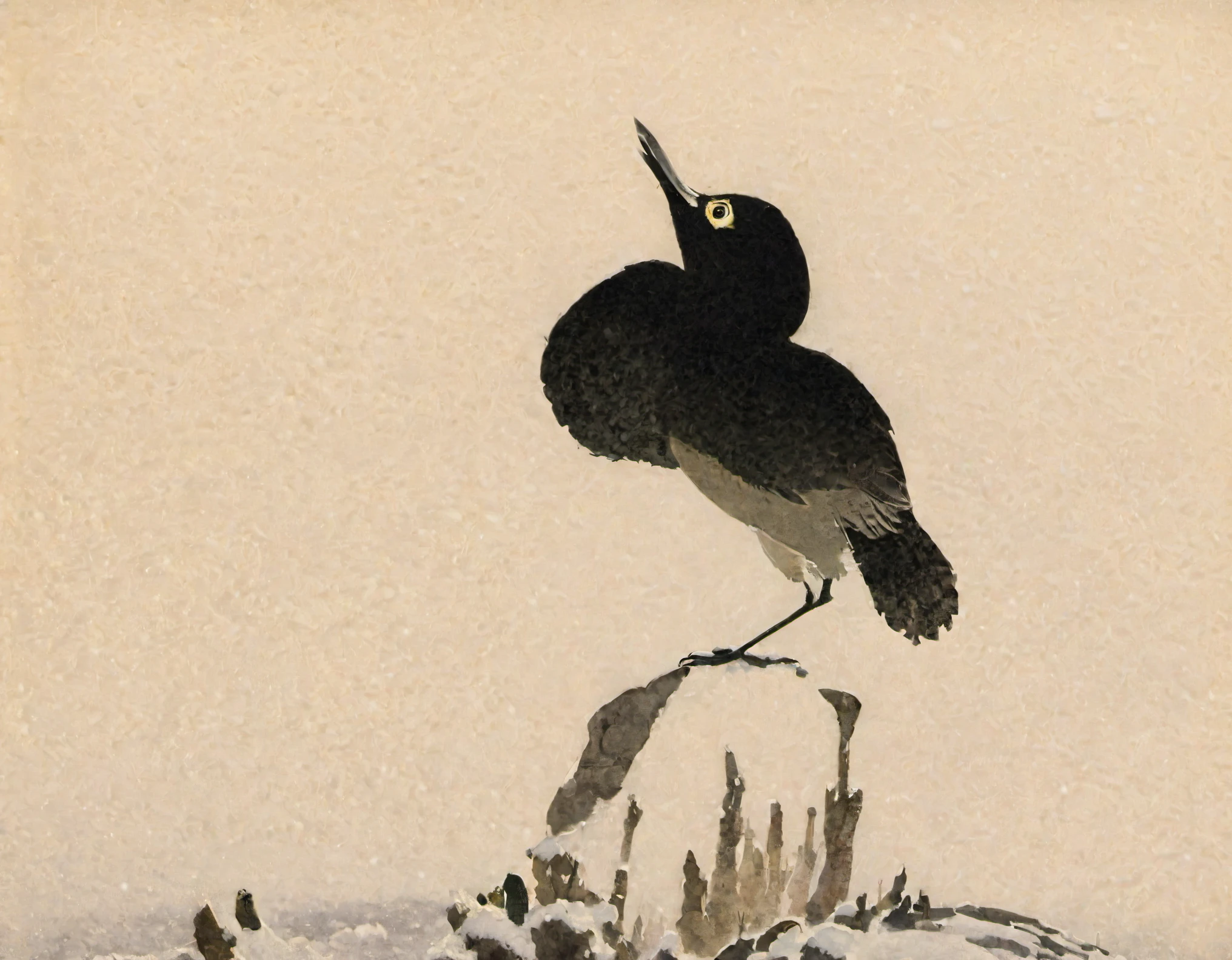 There is a bird sitting on a rock in the snow, Tire Man, author：Ohara Yukimura, inspired author：Ohara Yukimura, by Gu Kaizhi, by Max Klinger, author：Tanibun, Fu Baoshi, Theodore Kittelson, A surreal bird, author：Sotaro Yasui