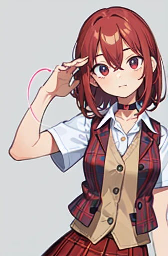 ((masterpiece, best quality)), 1girl, medium hair, uniform, hair between eyes, (Electrokinesist:1.2), (red plaid vest:1.2), choker, red plaid skirt, simple background,
