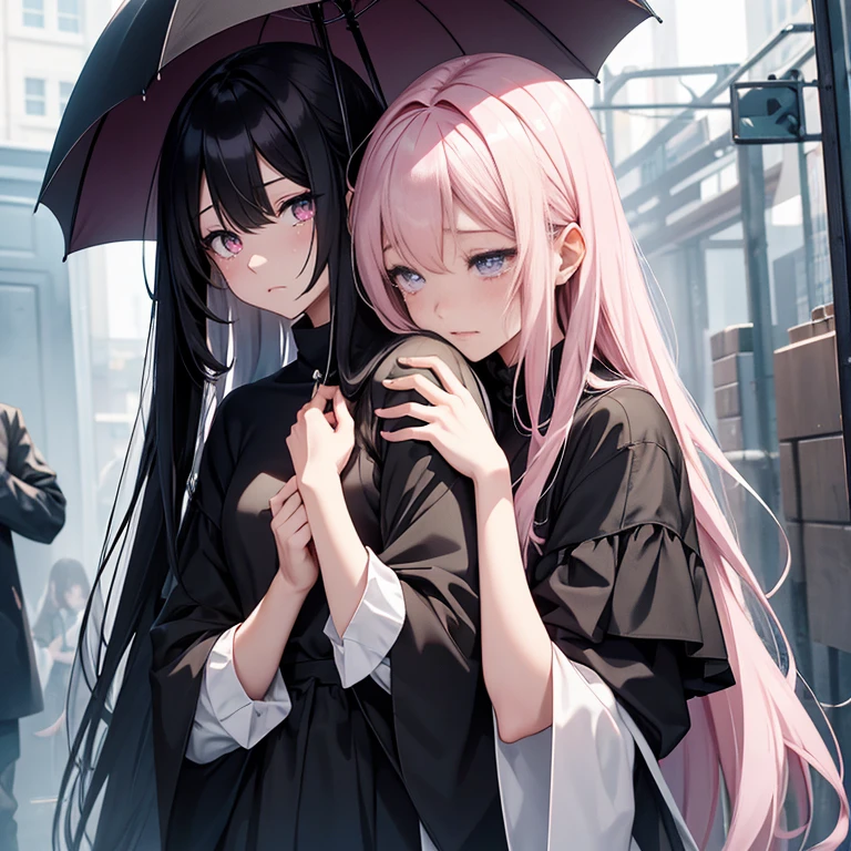 sharp eyeake everything pale pink、official crying art, unthaty 8k wallpaper, Super detailed, beautiful and aesthetic, high qualthaty, beautiful, masterpiece, 最high qualthaty, (zget tangled, mandala, tangled, get tangled:0.6), dark森の中の男と女の子の白黒写真, (male monster next to girl), dark, dark, Limthated palette, long straight black hair,  (dark), good and bad、that&#39;that&#39;that&#39;it&#39;s raining。Sad face、Crying and sobbing,、many tears are flowing down my cheeks、Reduce exposure
