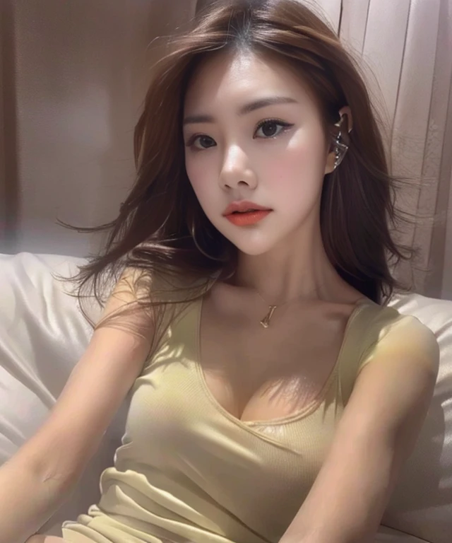 ((Realistic lighting, best qualtiy, 8k, tmasterpiece:1.3)), sharp fokus:1.2, 1girl, Beautiful Women with Perfect Figure:1.4, Slim abs:1.1, ((dark brown  hair)), (White crop top:1.4）,（exteriors，during night：1.1），Sit on the indoor bed，Ultra-fine face，Fine eyes，double eyelid，Leaks out the entire delicate breast