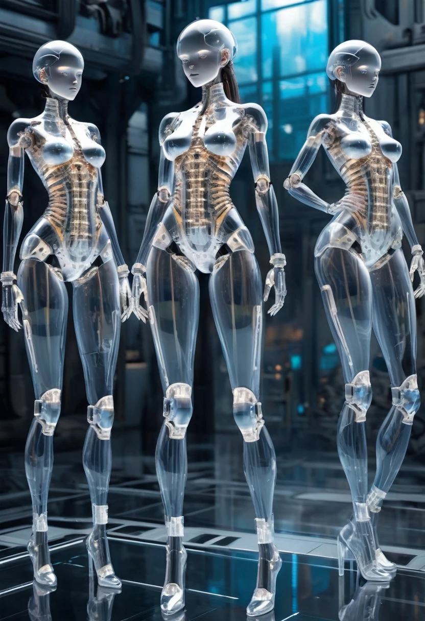Multiple translucent, mysterious mechanical girls,
Futuristic girls,
All are mechanical joint girls,
full body shot,
everyone is standing,
Everyone is showing each other their bodies,
futuristic city background