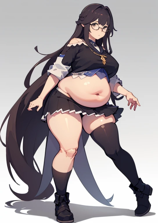 (masterpiece, best quality, highly detailed), 1girls, big belly, blurry background, huge belly, art by kipteitei, round belly, chubby, curvy, simple_background, gradient_background, belly grab, enormous belly, fat belly, thicc, bigger belly, really big belly, jiggly belly, shirt covering belly, belly cover by shirt, glasses, ((((((adult)))))), casual clothes, skirt, thighhighs, ((full body)), long hair