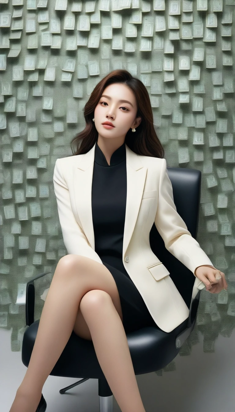 woman sitting on a chair with a lot of money on the wall, girl in suit, girl in a suit, business woman, woman in business suit, wearing a strict business suit, a hyperrealistic , wearing business suit, irelia, jaeyeon nam, hyperrealistic , sakimichan, seseon yoon, in strict suit