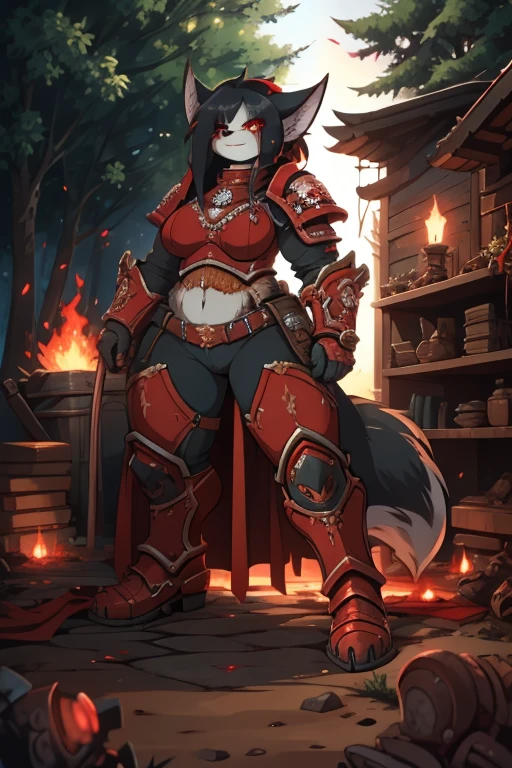 Female Furry cat+red eyes black hair with red-scarlet tips of hair tall, a little plump+ in black knight's armor face covered in blood face gloomy and serious+in the forest, one fire, dead demons lie on the ground+smoke from the fire+anime, 
huge muscled furry, wolf girl in power armor sister of battle, warhammer 40k, aesthetics of the female body, Full-length front view.