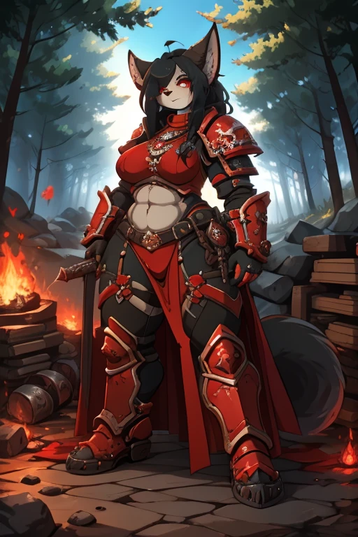Female Furry cat+red eyes black hair with red-scarlet tips of hair tall, a little plump+ in black knight's armor face covered in blood face gloomy and serious+in the forest, one fire, dead demons lie on the ground+smoke from the fire+anime,
huge muscled furry, wolf girl in power armor sister of battle, warhammer 40k, aesthetics of the female body, Full-length front view.