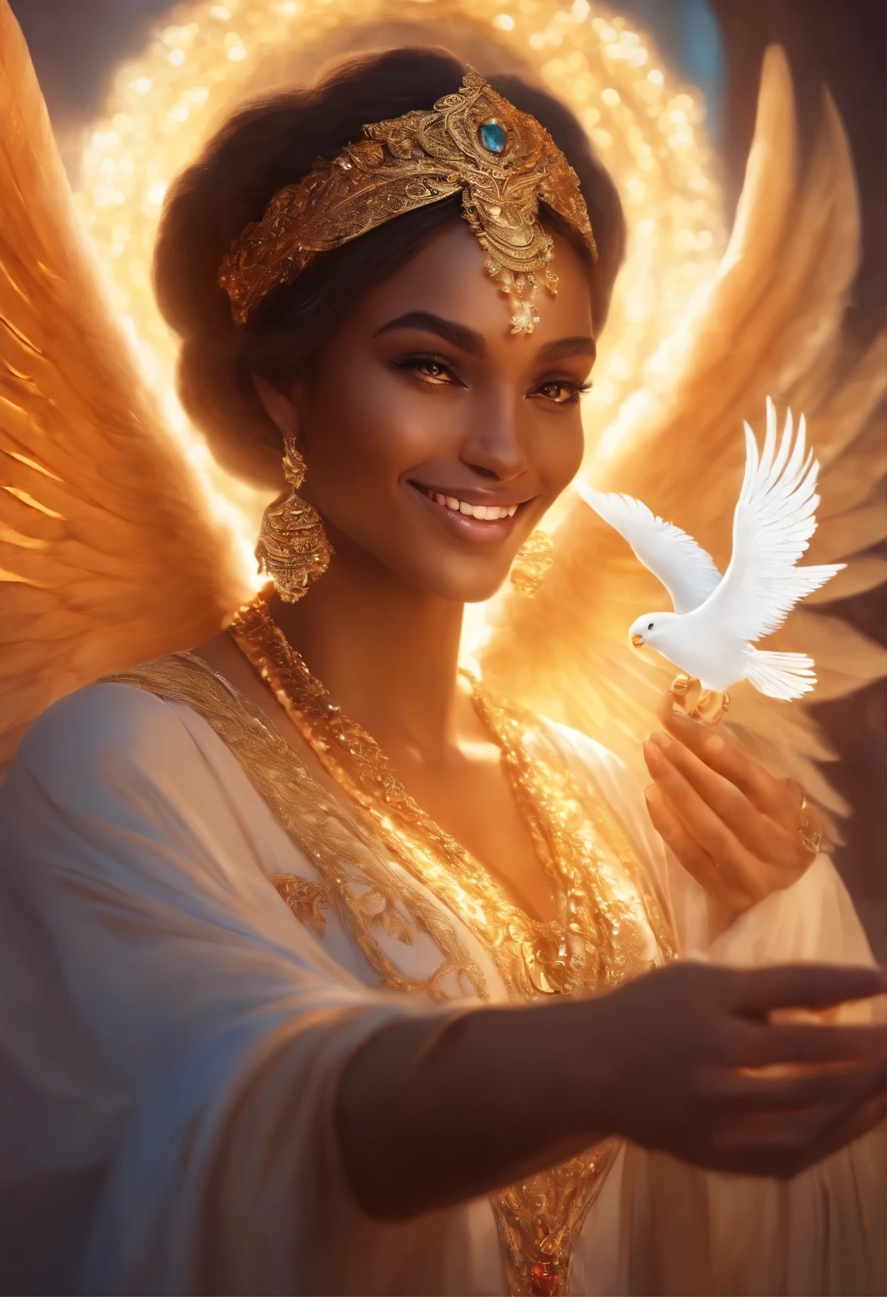 Thug genie, character ilustration, royal, magistic, strong, white light, angelic, smile, hands holding light, light skin, wings, angelic, inviting, hand reaching out to invite