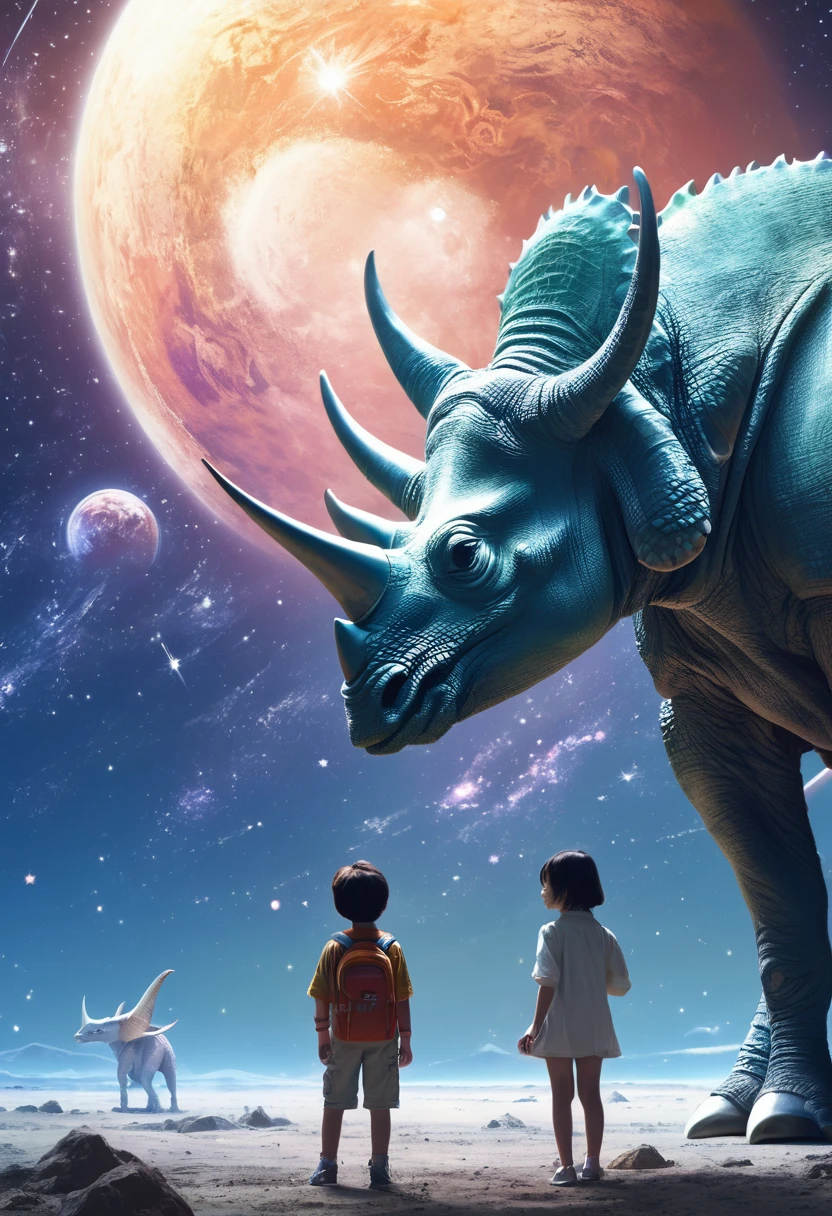 masterpiece,2D illustration、Space image、girl and boy、transparent,Joshimae「Or G7 soft image、Gentle atmosphere、triceratops