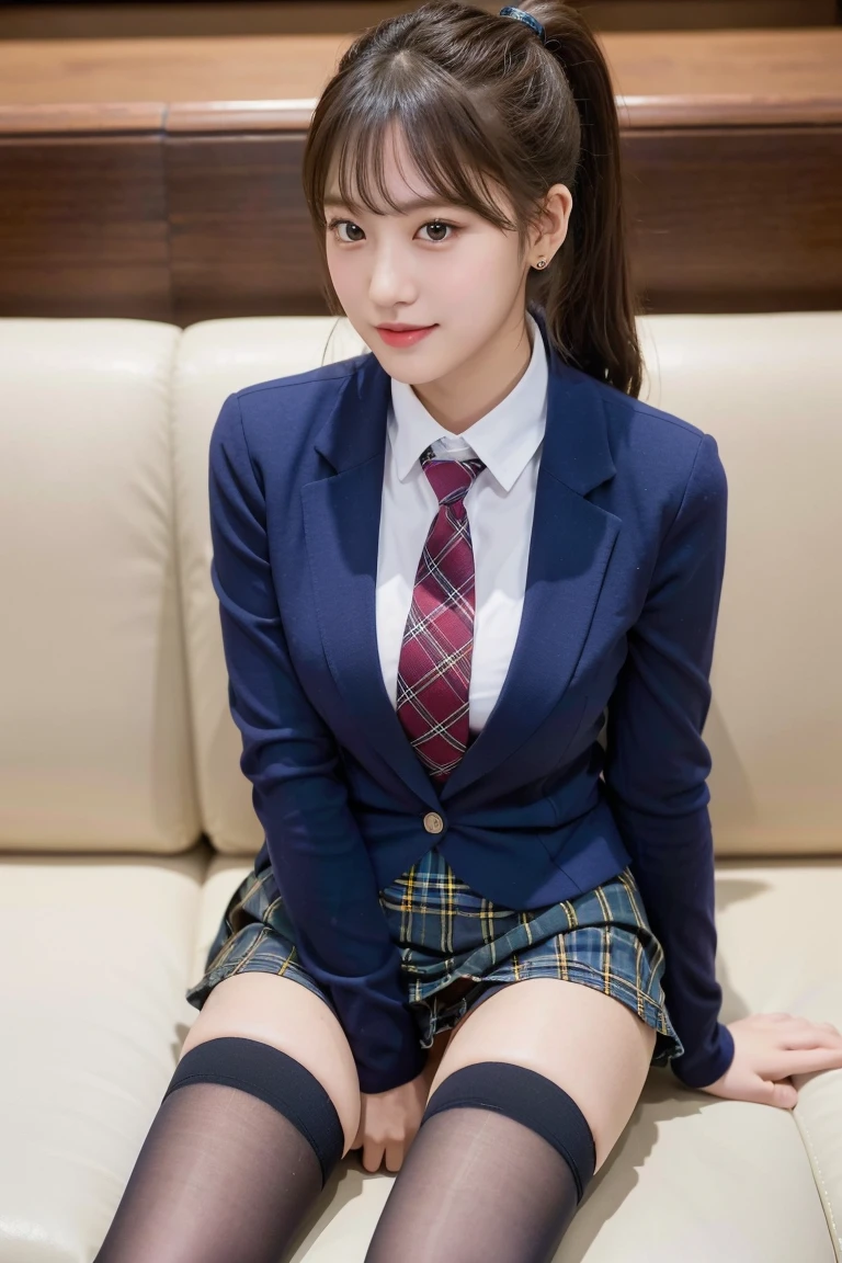 (8K), (highest quality: 1.2), (realistic), (realistic: 1.37), ultra high resolution, 1 girl, cute, shy smile, closed mouth, beautiful details, beautiful nose, wet hair, giant dulcefo, pork, thighs，Self snap,University Student Uniform,simple blazer,tartan check pleated skirt,(knee high socks),bed,spread your legs ,skirt lift, From above,lean forward and bring your face closer,Three shirt buttons open,loose bow tie