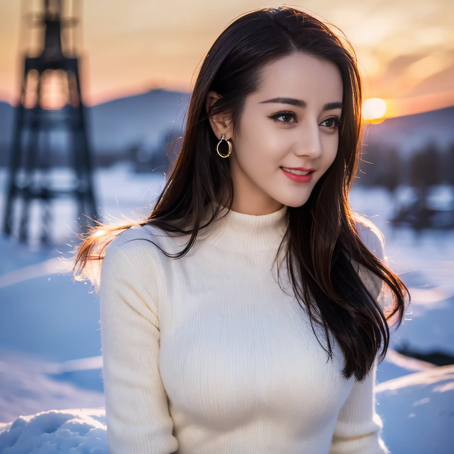 ((top quality、8k、Masterpiece:1.3))、Extremely delicate and beautiful girl,full-body shot,huge breasts,bigger breasts,amazing breast size,G cup,Half of the breasts are exposed。Wear big earrings,Very white skin,moist red lips,Waist is very thin,Thighs are very thin,big butt,fair and smooth skin,Smooth and fair skin,flawless skin,Fair and shiny skin,cold white skin,The camera focuses on the chest,Bright light,white sweater,Lower body exposed,white hair,White hair,heavy snow,snow mountain,sunset,lake,sweet smile,mouth slightly open