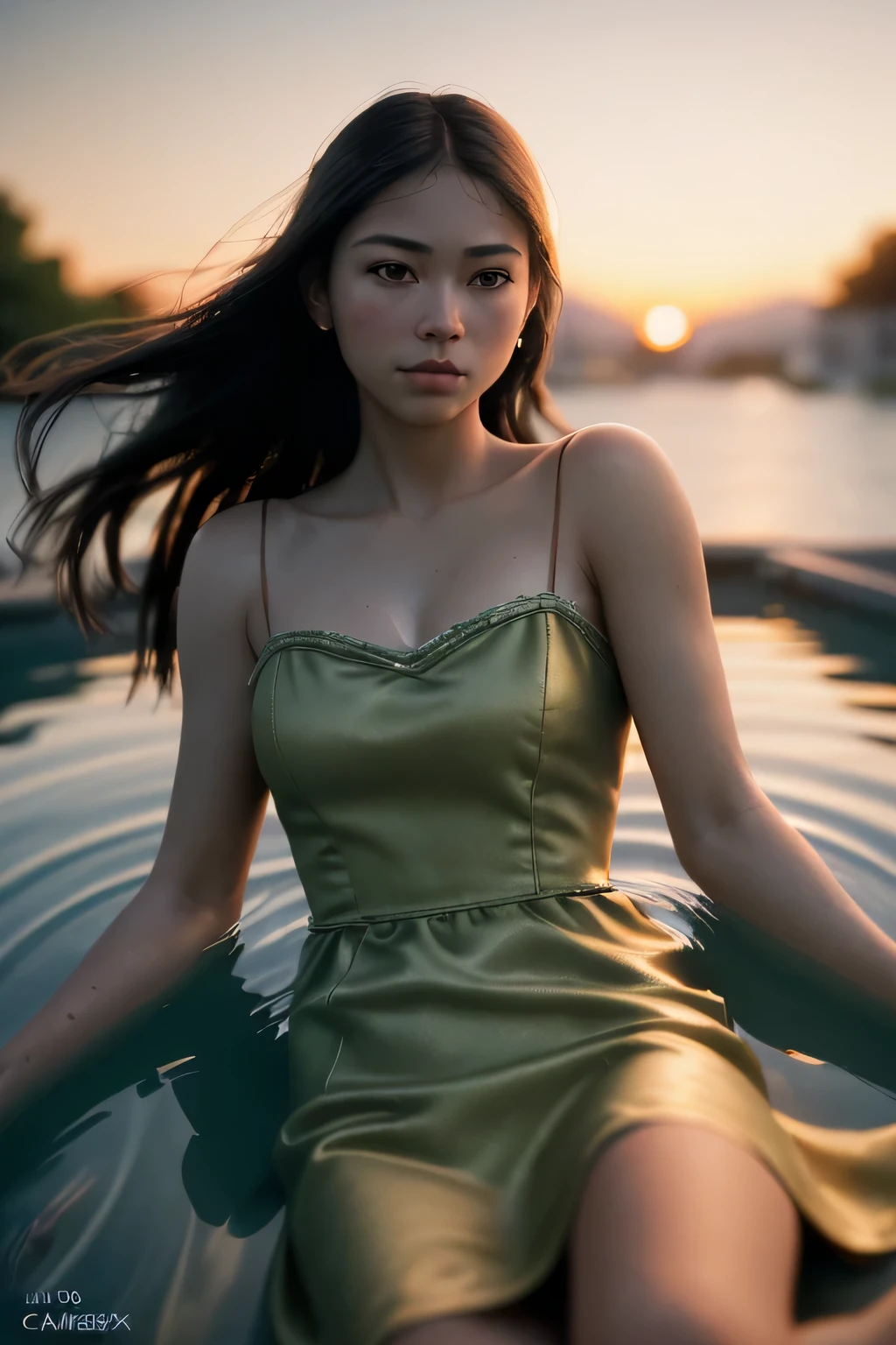(masterpiece), (very complicated:1.3), (realistic), girl portrait, lie on back, floating on the surface of the water, the most beautiful in the world, (camisole dress), sateen reflection, outdoor, intense sunlight, distant fortress, Stunning female professional photo details, sharp focus, dramatic, Award history, cinematic lighting, Octane Rendering Unreal Engine, volumetrics dtx, (film grain, blurred background, blurred foreground, Bokeh, Depth of the bounds written, sunset, motion blur:1.3)