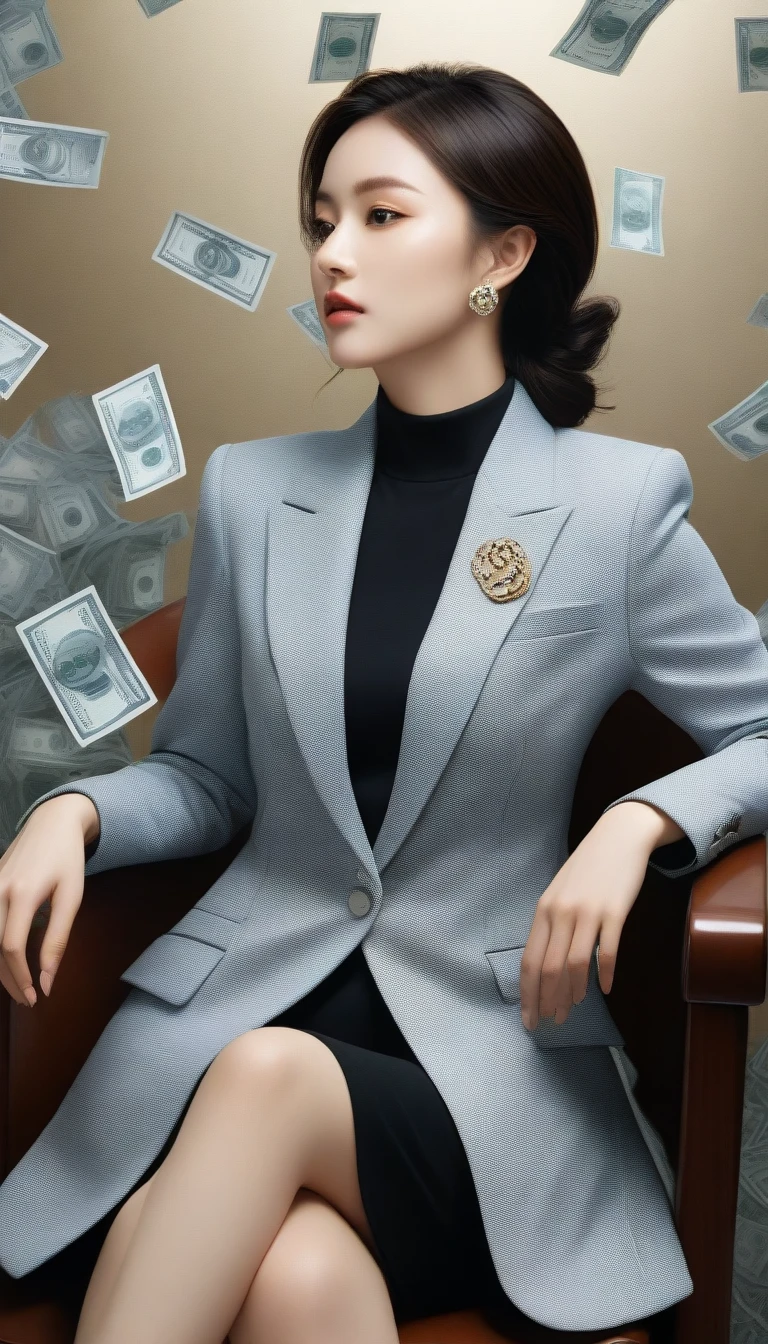 woman sitting on a chair with a lot of money on the wall, girl in suit, girl in a suit, business woman, woman in business suit, wearing a strict business suit, a hyperrealistic , wearing business suit, irelia, jaeyeon nam, hyperrealistic , sakimichan, seseon yoon, in strict suit