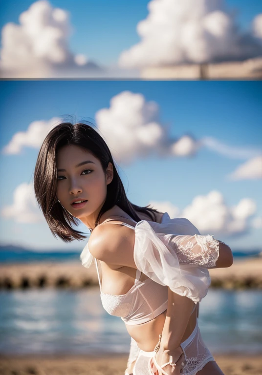 A photo of a Japanese woman with a bold composition that looks like it was taken by a famous art photographer, (((blockbuster art photography)), (8K, The highest quality). Stunning composition using models with outstanding proportions. A perfect beauty model with a confident and balanced appearance, ((The highest quality質)), ((masterpiece)), (be familiar with:1.4), ((The highest quality質のリアルな写真)), ((Photographed with Hasselblad)), ((Best live-action photo quality)), Beautiful womanの画像,super resolution,Slim and perfectly proportioned, Beautiful woman, ((The highest quality質, 8k, masterpiece: 1.3)), Beautiful woman, 1 female, slender body shape: 1.1, A perfect beauty, 20 years old, (realistic: 1.4), ahegao, Shining sweat, thin, Art photo composition with space around the woman, See-through, garter belt, The beautiful Aegean Sea in the background, Writing like a classic movie, anatomically correct hand, anatomically correct legs, anatomically correct whole body, not wearing underwear,