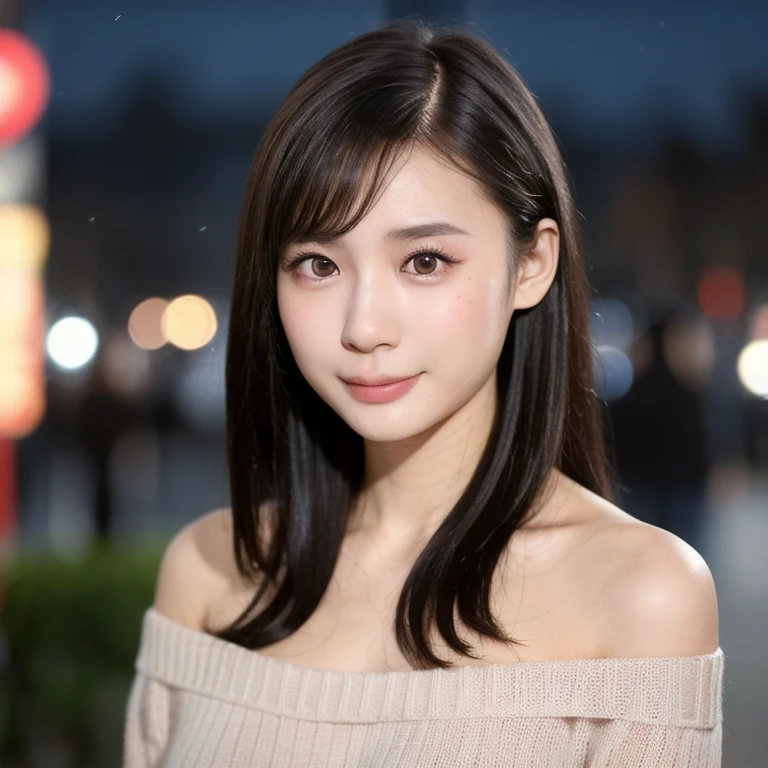 (kawaii 24 year-old Japanese girl, Nogizaka idol, Korean idol), (glossy black hair, pixie cut:1.3), (rounded face, single eyelid, no makeup, soft smiling:1.2), forehead, (wearing off-shoulder knitted onepiece sweater:1.3), (well shaped extra small breasts), (looking at viewer:1.2), BREAK, (at night street in downtown background:1.3), (dynamic angle, face focus:1.3), BREAK, (masterpiece, best quality, photo realistic, official art:1.4), (UHD, 8K quality wallpaper, high resolution, raw photo, film grain:1.2), (shiny skin), professional lighting, physically based rendering, award winning, (perfect anatomy, highly detailed skin textures, extremely detailed face and eyes, well drawn glittering pupils), Carl Zeiss 85 mm F/1.4, depth of field, 1girl, solo,