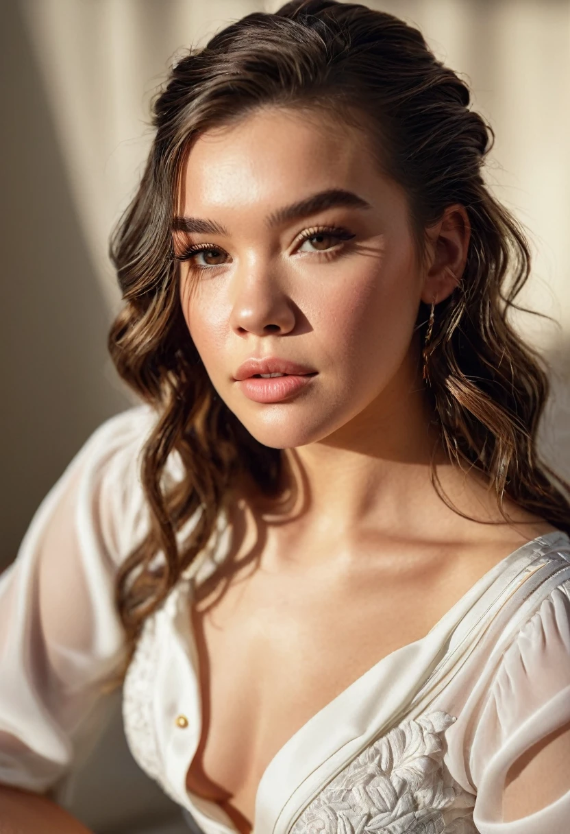 Hailee Steinfeld, Beautiful Woman, player's perspective, Lens Flare, f/2.8, 50mm, Leica, Braids, (Masterpiece, Top Quality, High Resolution:1.4), 1 girl, 30 years old,  breasts, angel, abs, skin pore texture, wavy shoulder length hair, HD 4K, 8K, photo, cinematic, full body, realistic, (8K, RAW photo, Top Quality, Masterpiece:1.2), (realistic, photo-realistic:1.33), best quality, detailed eyes, cute, natural light, depth of field, film grain, wrinkled skin, sharp, detailed and realistic woman, staring at camera, ruffled lips, soft natural light, portrait photography, magic photography, dramatic lighting, photorealism, super detailed, intimate portrait composition, elegant white blouse and high-waisted trousers.