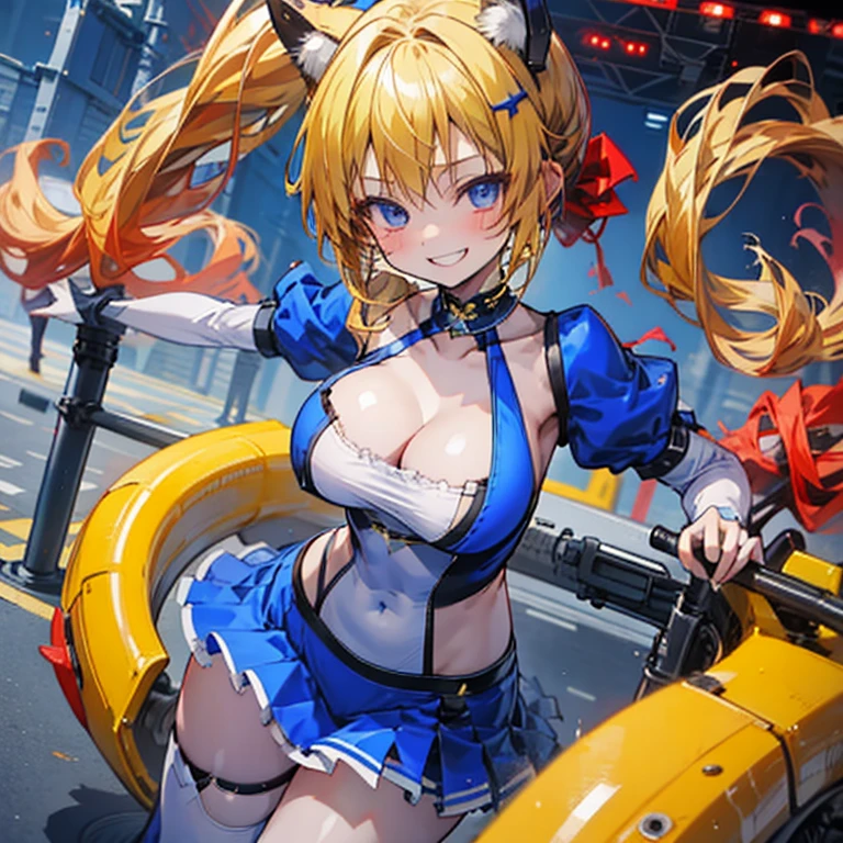 One girl, gorgeous dance, idol, bewitching dance beautiful, intense movement. Girl (cute, smiling, blonde, twin-tail, big tits, fashionable). Stage (idol, glamorous, blue sky).
