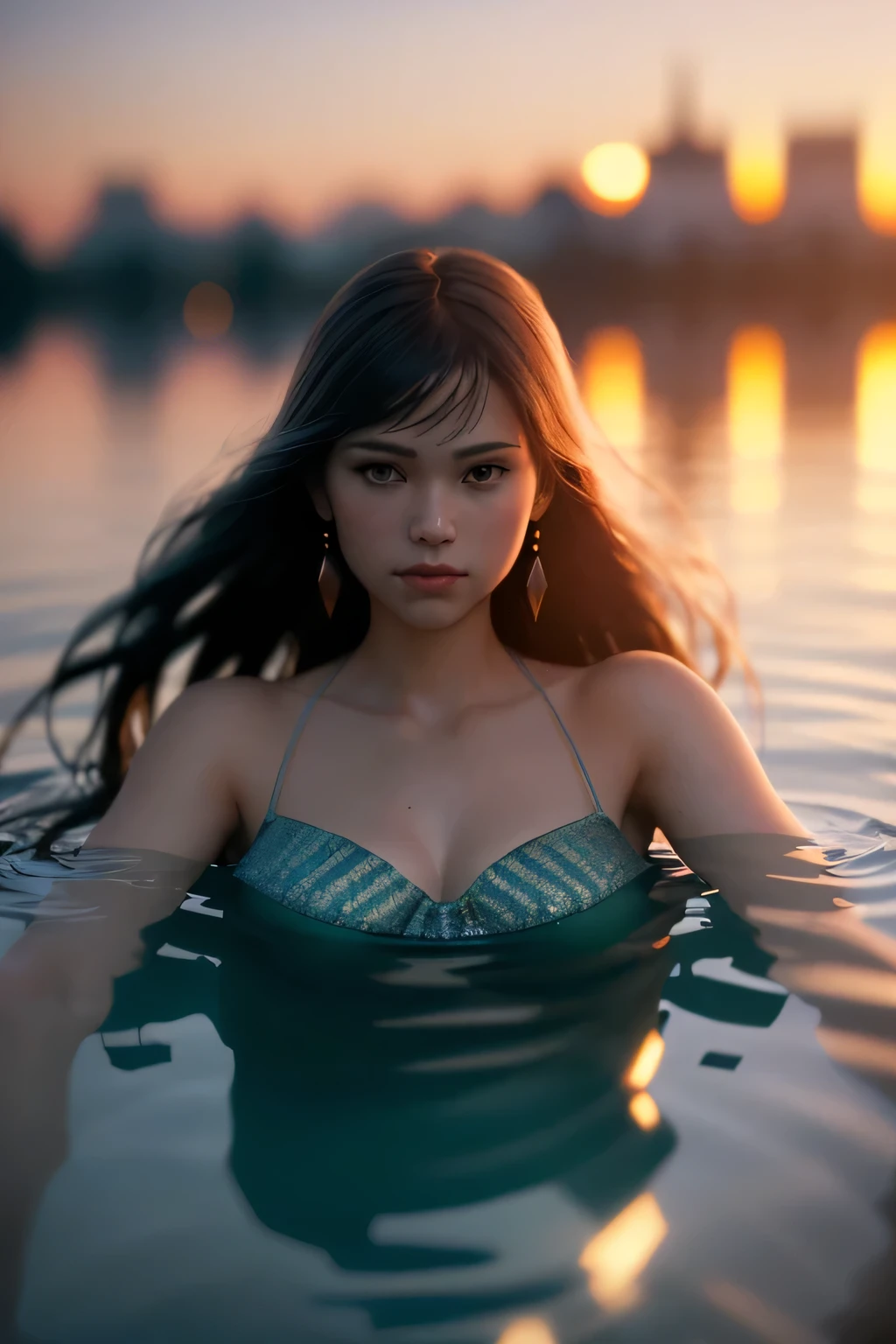 (masterpiece), (very complicated:1.3), (realistic), girl portrait, lying on her back floating on the surface of the water, (dynamic perspective), the most beautiful in the world, (camisole dress), sateen reflection, outdoor, intense sunlight, distant fortress, Stunning female professional photo details, sharp focus, dramatic, Award history, cinematic lighting, Octane Rendering Unreal Engine, volumetrics dtx, (film grain, blurred background, blurred foreground, Bokeh, Depth of the bounds written, sunset, motion blur:1.3)