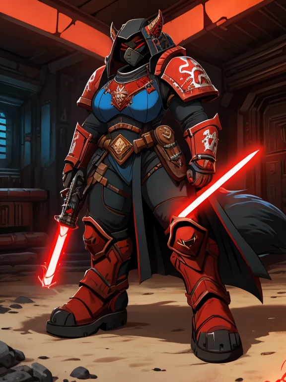 Star Wars Sith model, a man, zabrak race, mask ornamented with white and red, mask eyes closed, 2 red kyber crystals on the mask, small and worn horns, black torn overcoat, 1 red and blue lightsaber in each hand, dark and red and blue aura around the character.(Super Dynamic Lights), masterpiece, detailed lights, huge muscled furry, wolf girl in power armor sister of battle, warhammer 40k, aesthetics of the female body, Full-length front view.