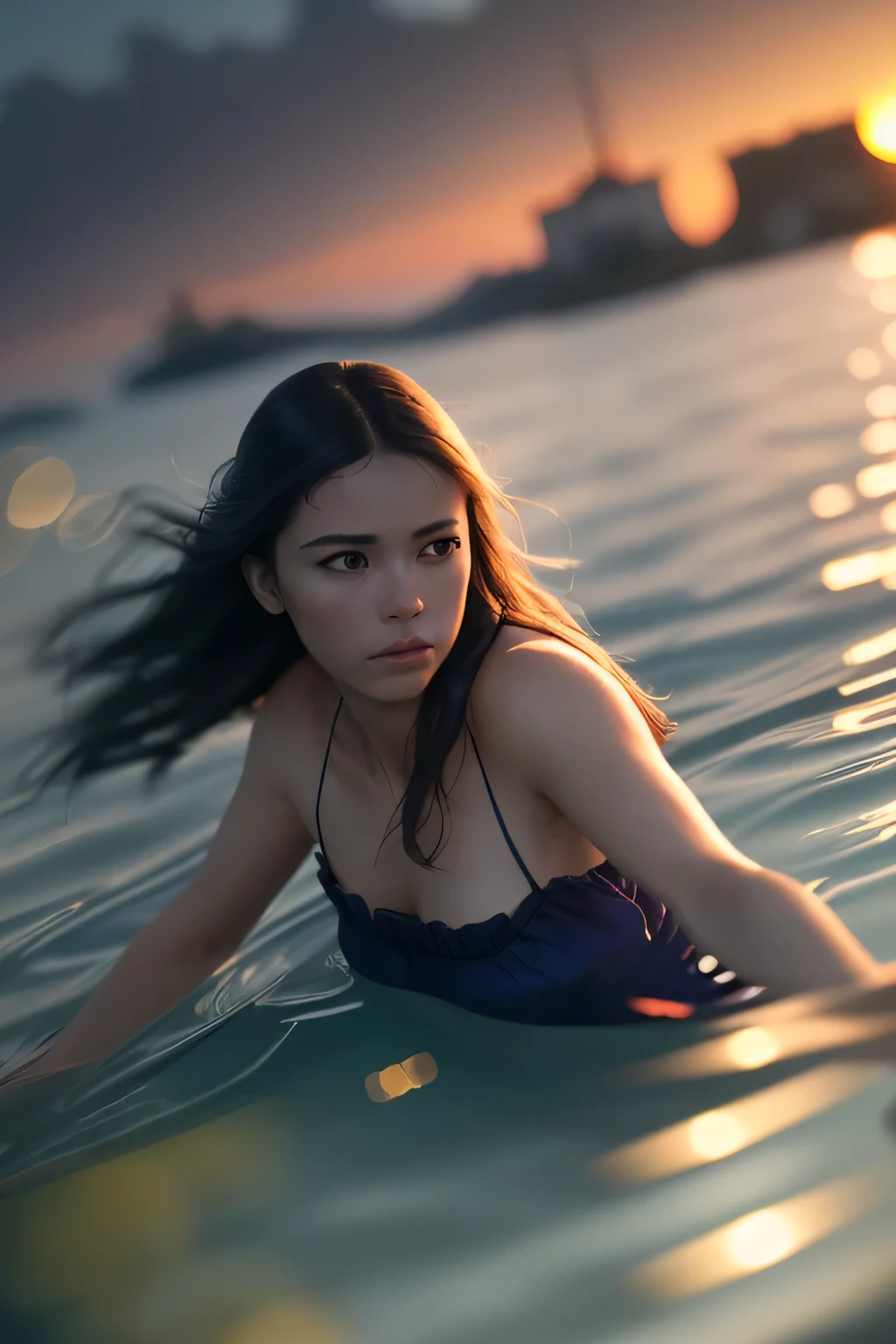 (masterpiece), (very complicated:1.3), (realistic), girl portrait, lying on her back floating on the surface of the water, (dynamic perspective), the most beautiful in the world, (camisole dress), sateen reflection, outdoor, intense sunlight, distant fortress, Stunning female professional photo details, sharp focus, dramatic, Award history, cinematic lighting, Octane Rendering Unreal Engine, volumetrics dtx, (film grain, blurred background, blurred foreground, Bokeh, Depth of the bounds written, sunset, motion blur:1.3)