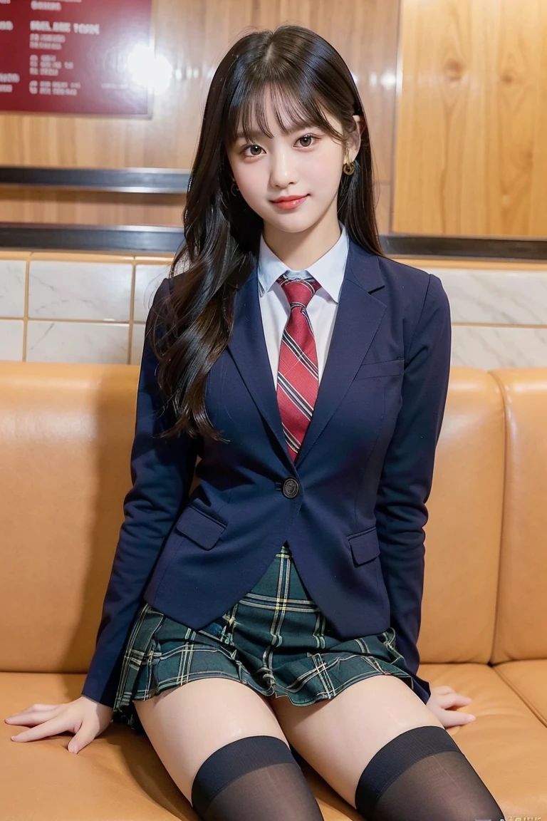 (8K), (highest quality: 1.2), (realistic), (realistic: 1.37), ultra high resolution, 1 girl, cute, smile, closed mouth, beautiful details, beautiful nose, beautiful black hair,,giant dulcefo, pork, thighs，self snap,University Student Uniform,Sitting on a couch in a fast food restaurant,simple blazer,pleated skirt,(The pattern of the skirt and tie is a tartan check pattern...:1.3), (close up on face),(光沢のあるthighs),(Opaque blue knee-high socks:1.2)
