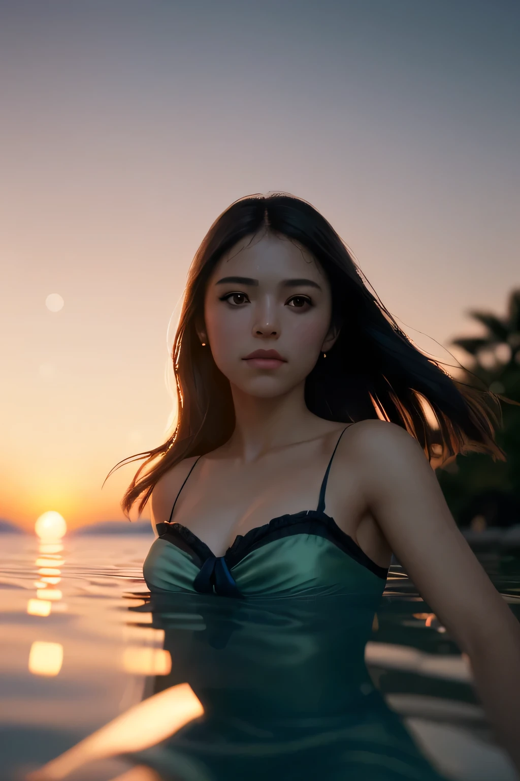 (masterpiece), (very complicated:1.3), (realistic), girl portrait, lying on her back floating on the surface of the water, (dynamic perspective), the most beautiful in the world, (purple camisole dress), sateen reflection, outdoor, intense sunlight, distant fortress, Stunning female professional photo details, sharp focus, dramatic, Award history, cinematic lighting, Octane Rendering Unreal Engine, volumetrics dtx, (film grain, blurred background, blurred foreground, Bokeh, Depth of the bounds written, sunset, motion blur:1.3)