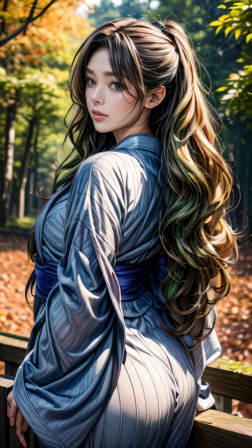 Photographed in a forest of autumn leaves、High resolution photos。Gorgeous young woman posing、Surrealistically drawn in Unity 8k。she is slender and curvaceous、Long curly hair flowing down her back、With detailed faces and eyes、It looks like it shines in the dark。(She is black・green・Wearing a white bell sleeve yukata)、1 girl, ((masterpiece、highest quality、Super fine、High resolution))、4K quality、((Beautiful woman))、22 years old、wet skin、shining eyes、perfect eyes、((Beautiful Nordic girl))、((long wavy hair))、Portrait、(((Wearing a bell sleeve yukata)))、masterpiece、highest quality、Super fine、High resolution))、4K quality、