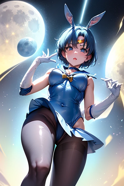 table top, highest quality, 1 girl, (sailor mercury),light blue hair, (black eye:1.2),((Bunny girl))、((leotard))、((happy look))、((full moon))、(((pantyhose)))、((short hair hair))、((white long gloves))、((open your legs))、((Bunny ears))、((Tierra))、((heart mark, The toes are growing, Excited, seen from below, ant&#39;s eye pov))