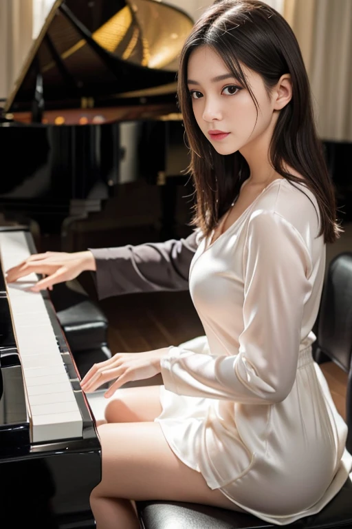 She is wearing a dress. The high-resolution image captures ultra-detailed realism and highlights Athena's seductive eyes, long eyelashes, and smooth skin. She plays the piano.
