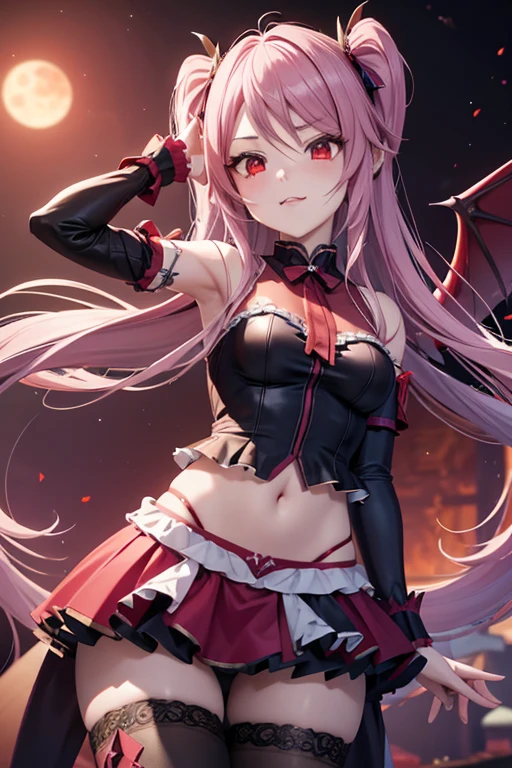 With a spear and wings、Evil anime Valkyrie in blood red Valkyrie underwear, It flies in the sky, Bat, blood red eyes, Blood Moon on Background, mika kurai demon, Shalltear Bloodfallen, official character art, Valkyrie Night Girl, gisha devil, fuchsia skin under armor, devil anime girl, Bloody Valkyrie, 3D rendering character art 8k, Cute 3d anime girl rendering, art germ, 3d unreal engine, The anime is very detailed, 8K high quality detailed art