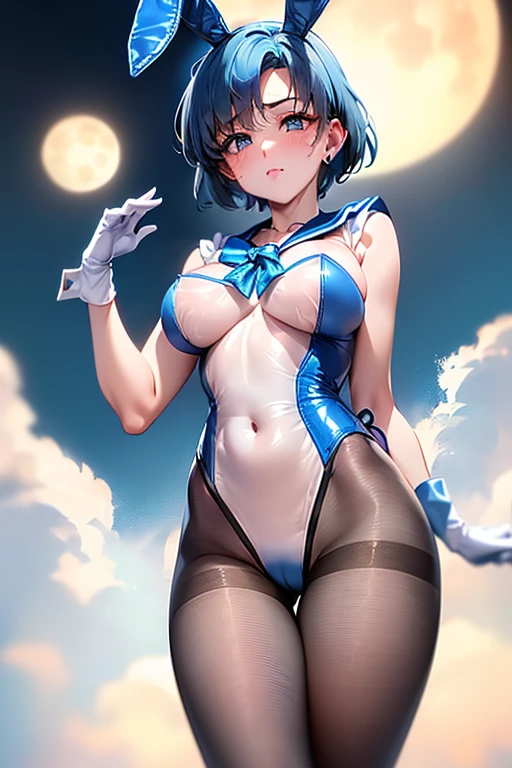 table top, highest quality, 1 girl, (sailor mercury),light blue hair, (black eye:1.2),((Bunny girl))、((leotard))、((happy look))、((full moon))、(((pantyhose)))、((short hair hair))、((white long gloves))、((open your legs))、((Bunny ears))、((Tierra))、((heart mark, The toes are growing, blush, seen from below, ant&#39;s eye pov))