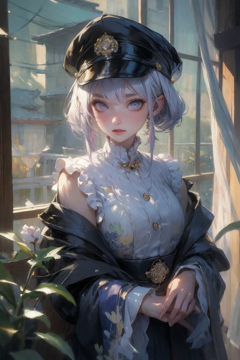 masterpiece, best quality, 4K, ultra high definition, Sansho Castle, , beautiful eyes and delicate face, illustration, Beautiful detailed, high resolution illustration, luminescent_white_particle, 1 girl, white hair, lilac eyes, hair covering one eye, short side details, baseball cap,Poker face, curtain, black jacket, Chest equipment, cyberpunk, technical clothing,(Impressionism:1.4), Vincent - Van Gogh