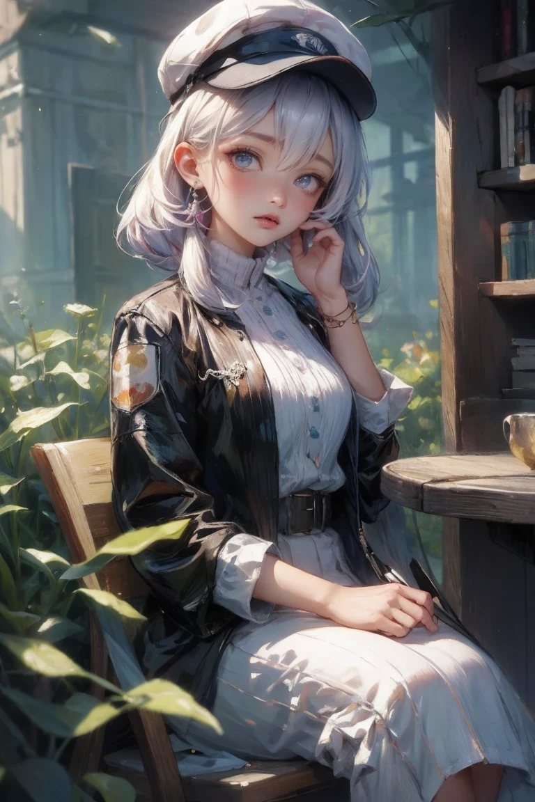 masterpiece, best quality, 4K, ultra high definition, Sansho Castle, , beautiful eyes and delicate face, illustration, Beautiful detailed, high resolution illustration, luminescent_white_particle, 1 girl, white hair, lilac eyes, hair covering one eye, short side details, baseball cap,Poker face, curtain, black jacket, Chest equipment, cyberpunk, technical clothing,(Impressionism:1.4), Vincent - Van Gogh