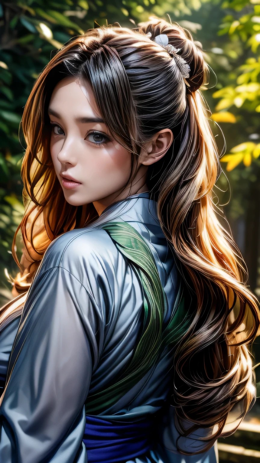Photographed in a forest of autumn leaves、High resolution photos。Gorgeous young woman posing、Surrealistically drawn in Unity 8k。she is slender and curvaceous、Long curly hair flowing down her back、With detailed faces and eyes、It looks like it shines in the dark。(She is black・green・Wearing a white bell sleeve yukata)、1 girl, ((masterpiece、highest quality、Super fine、High resolution))、4K quality、((Beautiful woman))、22 years old、wet skin、shining eyes、perfect eyes、((Beautiful Nordic girl))、((long wavy hair))、Portrait、(((Wearing a bell sleeve yukata)))、masterpiece、highest quality、Super fine、High resolution))、4K quality、(((close up of face)))