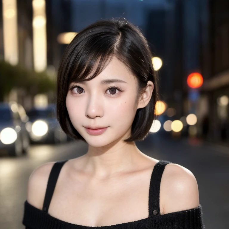(kawaii 24 year-old Japanese girl, Nogizaka idol, Korean idol), (glossy black hair, pixie cut:1.3), (rounded face, single eyelid, no makeup, soft smiling:1.2), forehead, (wearing off-shoulder knitted onepiece sweater:1.3), (well shaped extra small breasts), (looking at viewer:1.2), BREAK, (at night street in downtown background:1.3), (dynamic angle, face focus:1.3), BREAK, (masterpiece, best quality, photo realistic, official art:1.4), (UHD, 8K quality wallpaper, high resolution, raw photo, film grain:1.2), (shiny skin), professional lighting, physically based rendering, award winning, (perfect anatomy, highly detailed skin textures, extremely detailed face and eyes, well drawn glittering pupils), Carl Zeiss 85 mm F/1.4, depth of field, 1girl, solo,