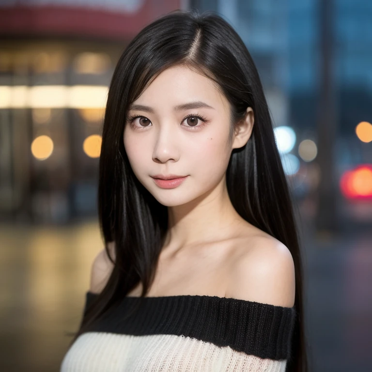 (kawaii 24 year-old Japanese girl, Nogizaka idol, Korean idol), (glossy black hair, pixie cut:1.3), (rounded face, single eyelid, no makeup, soft smiling:1.2), forehead, (wearing off-shoulder knitted onepiece sweater:1.3), (well shaped extra small breasts), (looking at viewer:1.2), BREAK, (at night street in downtown background:1.3), (dynamic angle, face focus:1.3), BREAK, (masterpiece, best quality, photo realistic, official art:1.4), (UHD, 8K quality wallpaper, high resolution, raw photo, film grain:1.2), (shiny skin), professional lighting, physically based rendering, award winning, (perfect anatomy, highly detailed skin textures, extremely detailed face and eyes, well drawn glittering pupils), Carl Zeiss 85 mm F/1.4, depth of field, 1girl, solo,