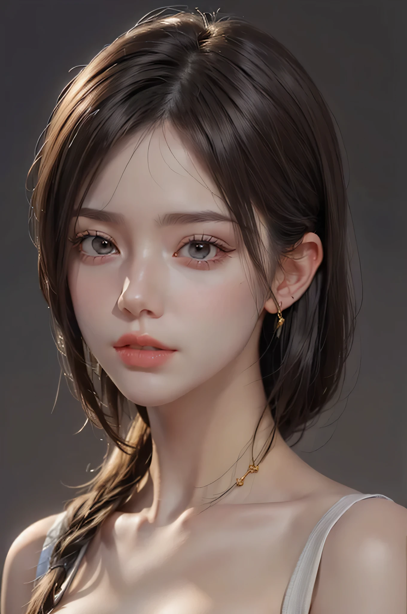 (Representative works: 1.3), (8K, realistic, RAW photo, best image quality: 1.4), (30 year old mature woman),small face, beautiful face, (realistic face),no makeup、natural makeup、light makeup、 (Dark brown, short hair: 1.3), beautiful hairstyle, realistic eyes, detailed and beautiful eyes, (realistic skin), beautiful skin, (sweater),、Bust A cup、 confused, charm, 超High resolution, Super realistic, High resolution, golden ratio, ff tifa、gray background、