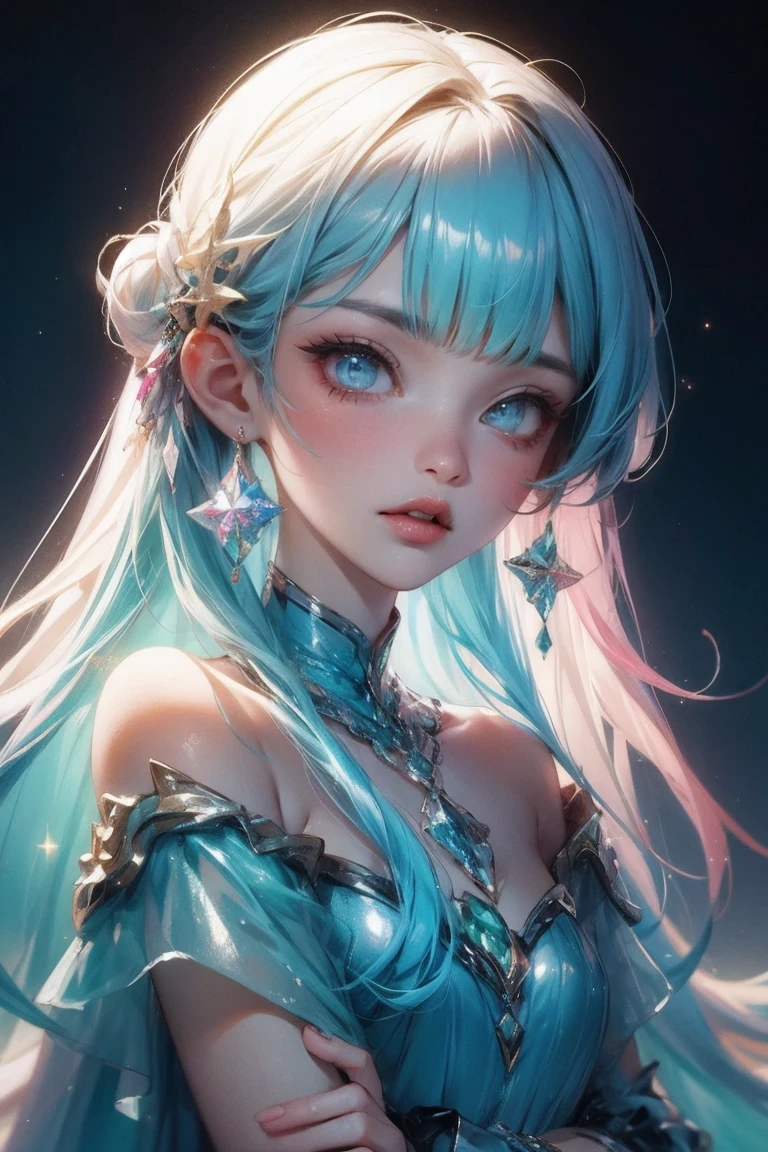 {{Best Quality}}, {{masutepiece}}, {{Ultra-detailed}}, {Illustration}, {Detailed light}, {extremely delicate and beautiful}, girl with, Cute face, Upper body, Two legs, long-one-piece dress, {Beautiful detailed eyes}, Stars in the eyes, messy floating hair, Colored inner hair, Starry sky adorns hair, {Lots_in the_Big_Colorful_Bubble}, [pearls], [Galaxy], depth of fields