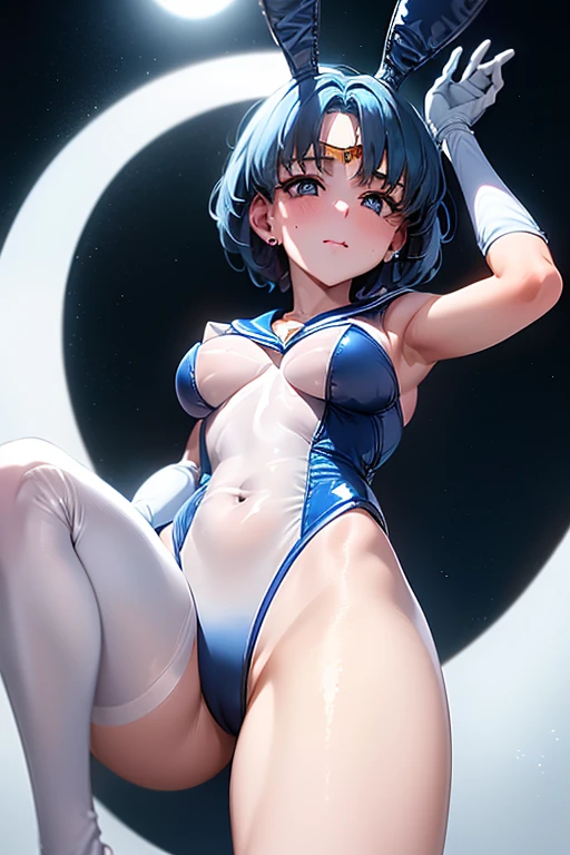 highest quality, 1 girl, (sailor mercury),light blue hair, (black eye:1.2),((Bunny girl))、((leotard))、((happy look))、((full moon))、(((pantyhose)))、((short hair hair))、((white long gloves))、((open your legs))、((Bunny ears))、((Tierra))、((heart mark, The toes are growing, blush, seen from below, ant's eye pov))