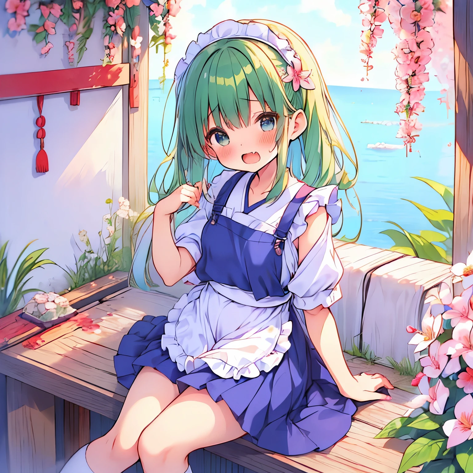 ((日本人のgirl1人、aldult)), ( petite)), twin tailasterpiece, 最high quality, high quality, Highly detailed 8K wallpaper,flower garden、picnic、Green Hair、Tropics、intense heat、heavy breathing、Breathing、Sweat、cute girls、Cute Japanese maid、Kappogi、ruffle apron、dynamic pose、Pick up the skirt、(open your mouth、Small fangs)、small breasts、Waiting for orders、No correction、Wave、(girl、Classmate、squid belly、Kappogi)、（No underwear）、beautiful flat chest、（激しいSweat）、(Saliva volume:1.4）、(female primary school student、Cute belly、Before menarche、Swelling belly、cute pants）、（Stroking the stomach:2）、(embarrassed face、blushing face）、（On a date、sit on the ground）、（My chest trembles）、Life-size、in front of the camera、Inner thigh sitting、Hands holding down skirt