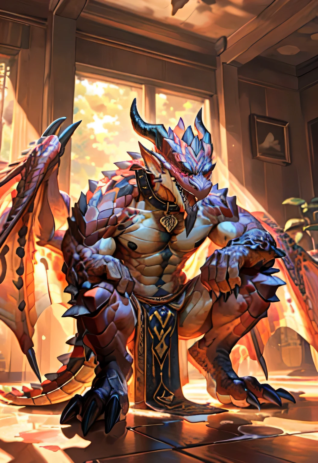 alone, (muscular), (Male human dragon):1.3, Bright scales, (Kamimei):1.3, (Common:1.4) (prayer):1.23, (，Wearing a short white loincloth）, exquisite eyes, lizard tail,A pair of dragon horns, A pair of dragon wings, (exquisite eyes，stripe，sharp claws，Cute animal paw，Sticking out tongue，careless person，Liquid spilled all over body，Air leakage in lower body，Fluid leaking from the lower body，Milk spilled all over the floor，glowing eyes):1.1, (in the room:1.35), In the bedroom，Squatting on the bed，dim，be licked，enjoy，obsessed， Face turned red，collar，Submit to，caress，drunk，Smile，enjoy，looking at camera，Submit to，having fun，Detailed background，realistically，realistic hand，8k high dynamic range，（shadow，wide dynamic range，high dynamic range，emphasize：1.2）