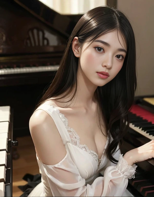 (1 girl)、best quality、masterpiece、ultra high resolution、(Photo realism:1.4)、original photo,there is a woman that is playing a pianoin a room, playing piano, piano家, pianoin the background, (客廳內1 girl面向黑色的piano、Straight, black hair、Delicate hair details)、(客廳內一部黑色piano、Girl fingers on piano keys、Delicate finger details)shadow、octane rendering、8K、Super sharp、(、long sleeve、White tulle、portrait、silk pajamas、Delicate silk details)、(Girl playing piano fingers、Very fine finger details) , beautiful woman, Perfectly detailed, mesmerizing and seductive, real pianos, piano, full piano, Beautiful asian girl, Serenity and elegance, Excellent composition,