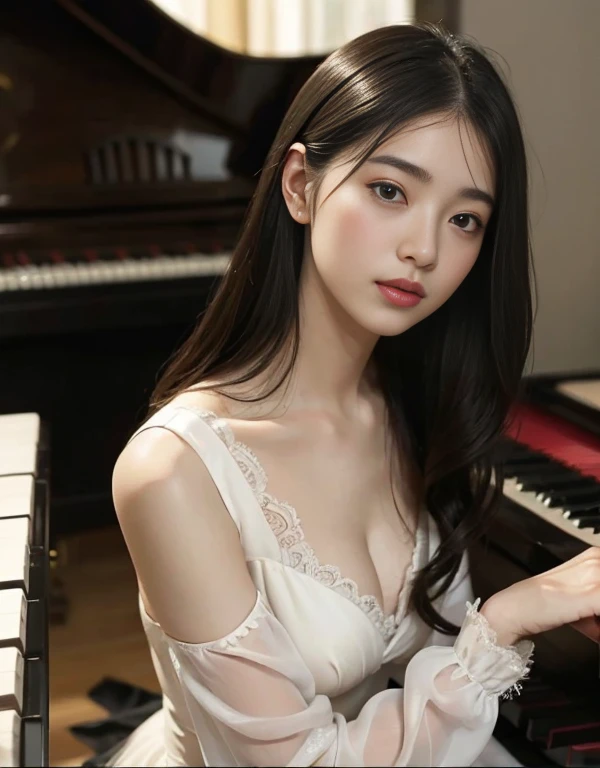 (1 girl)、best quality、masterpiece、ultra high resolution、(Photo realism:1.4)、original photo,there is a woman that is playing a pianoin a room, playing piano, piano家, pianoin the background, (客廳內1 girl面向黑色的piano、Straight, black hair、Delicate hair details)、(客廳內一部黑色piano、Girl fingers on piano keys、Delicate finger details)shadow、octane rendering、8K、Super sharp、(breast、long sleeve、White tulle、portrait、silk pajamas、Delicate silk details)、(Girl playing piano fingers、Very fine finger details) , beautiful woman, Perfectly detailed, mesmerizing and seductive, real pianos, piano, full piano, Beautiful asian girl, Serenity and elegance, Excellent composition,